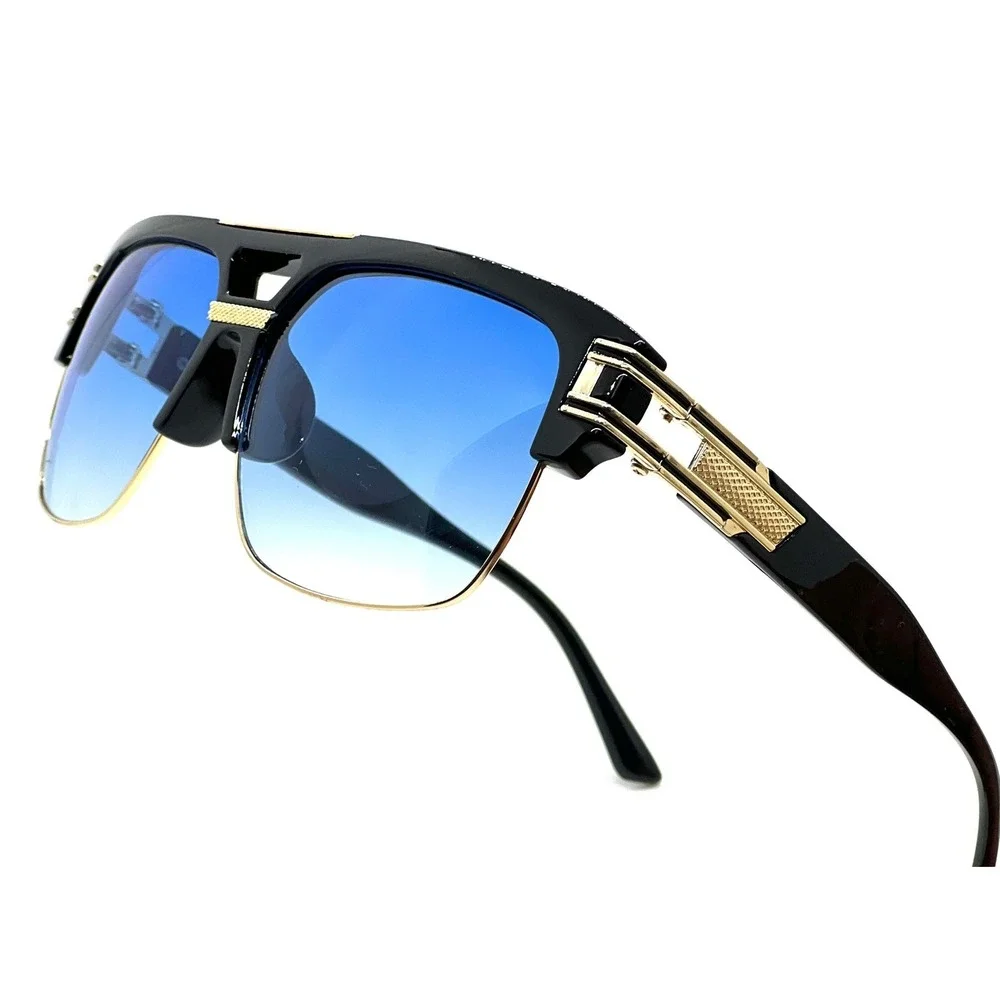 Designer Sunglasses Oversized Square Flat Top Gold Accent Blue Lens Retro Vintag